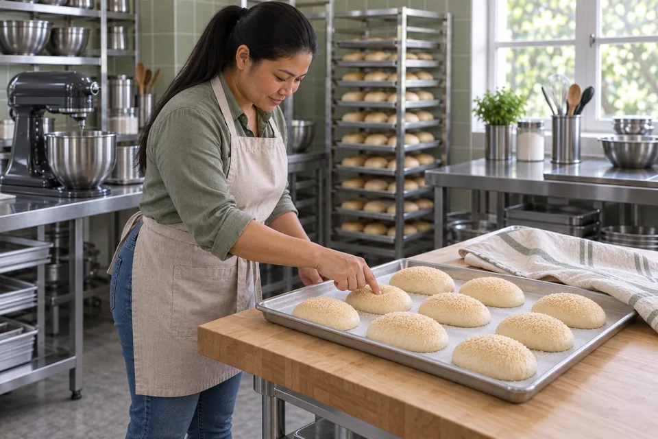 The baker leans from the side of the tray to gently check a puffy breadcrumb-topped roll with a fingertip.
