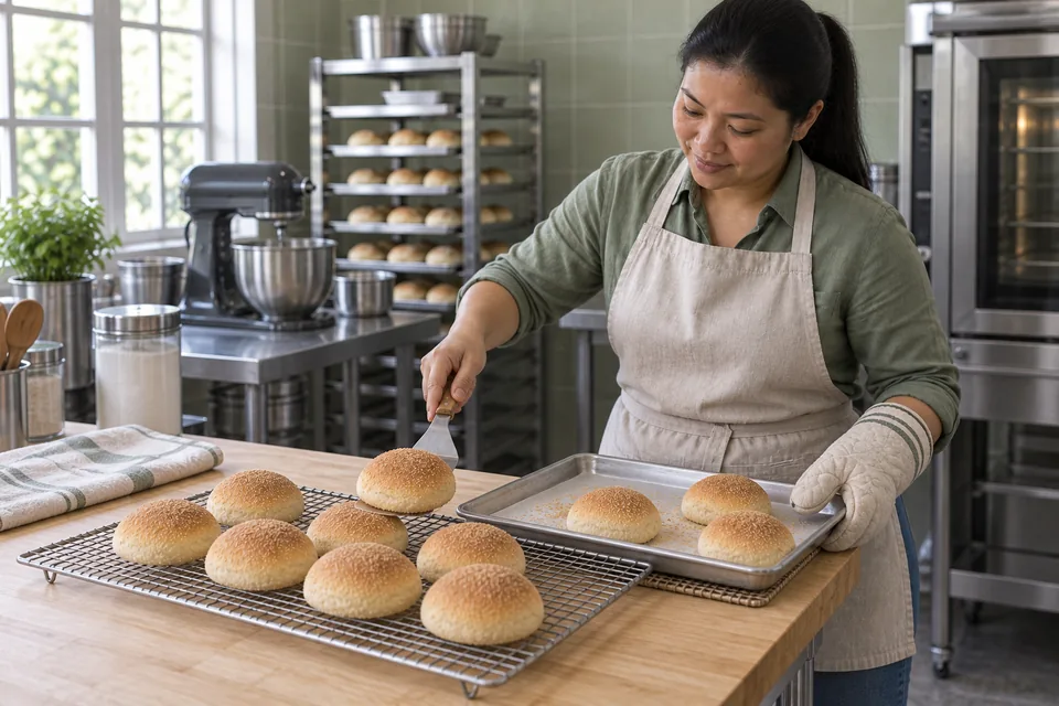 The baker stands beside a cooling rack and transfers a golden pandesal roll from the supported tray with a spatula.