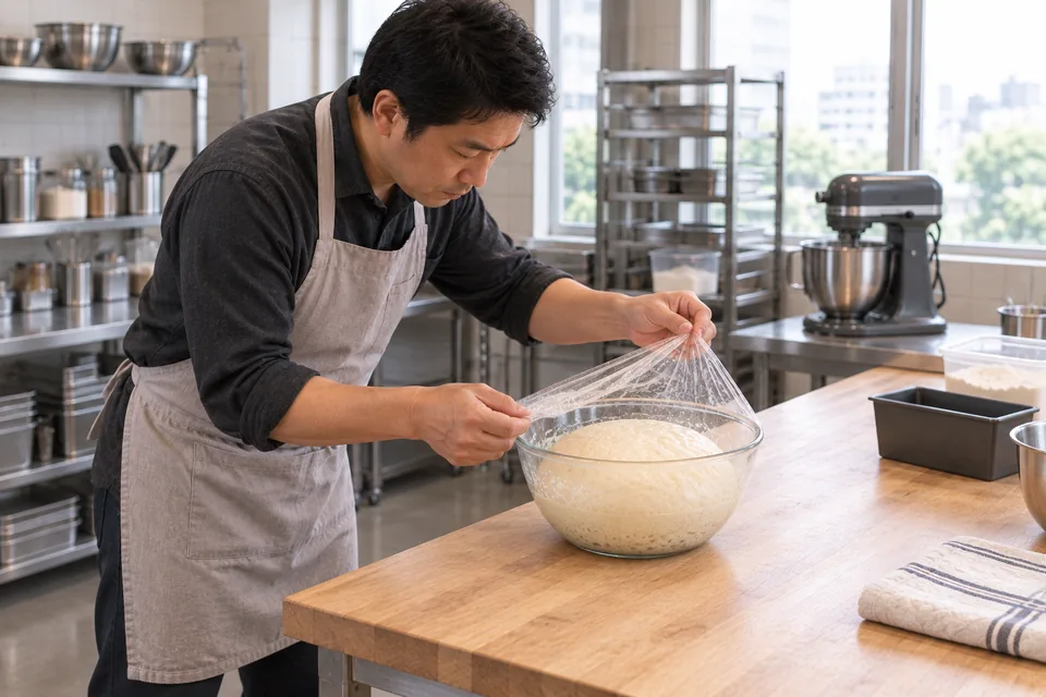The chef leans over the end of the bench to lift the cover from puffy milk-bread dough.