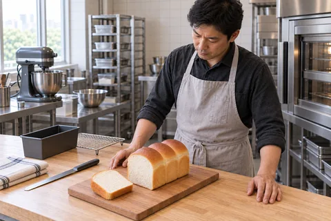 The chef stands at the cutting board beside a cooled milk loaf with an exposed cut end and its matching end slice.