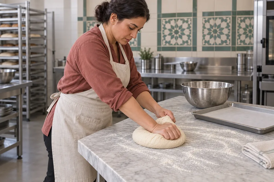 Seen from the side, the cook leans into kneading one soft khobz dough mass on the floured bench.