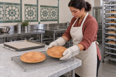 Standing beside a wire rack, the cook uses oven mitts to lower one golden khobz beside the other loaf.