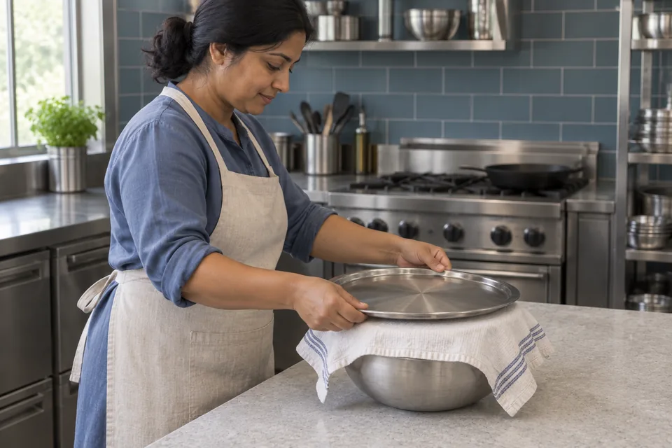 Standing beside the bench, a cook lowers a metal lid over the damp cloth covering the naan dough bowl.