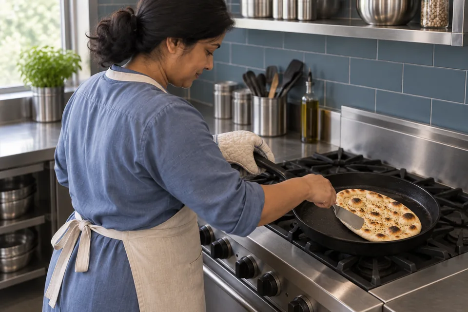 Seen over the cook’s shoulder at the stove, a spatula presses the edge of a browned naan in a heavy skillet; a mitt protects the hand on the handle.