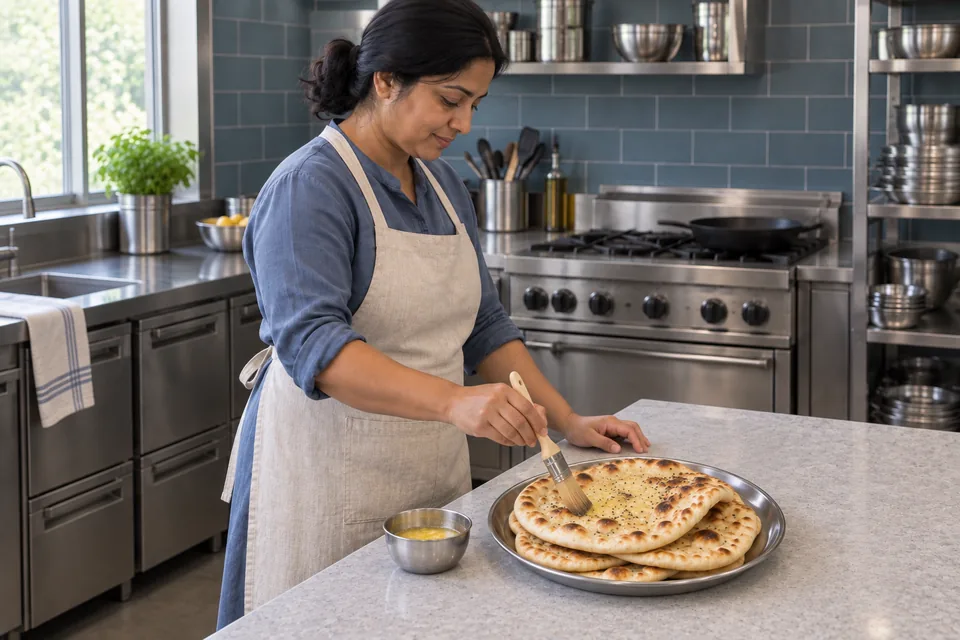 A cook stands beside the serving bench and brushes butter over a stack of browned, flexible naan on a metal platter.