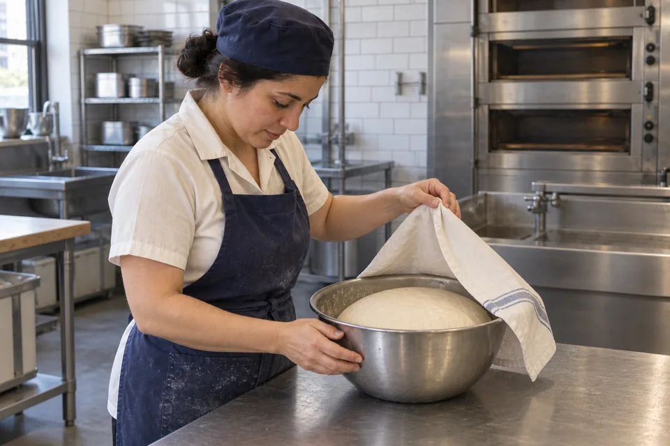 The baker checks a smooth risen dome of bagel dough in an oiled bowl.