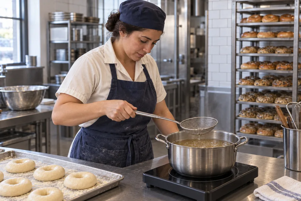 The baker holds a skimmer beside a wide pot of gently simmering pale amber water.