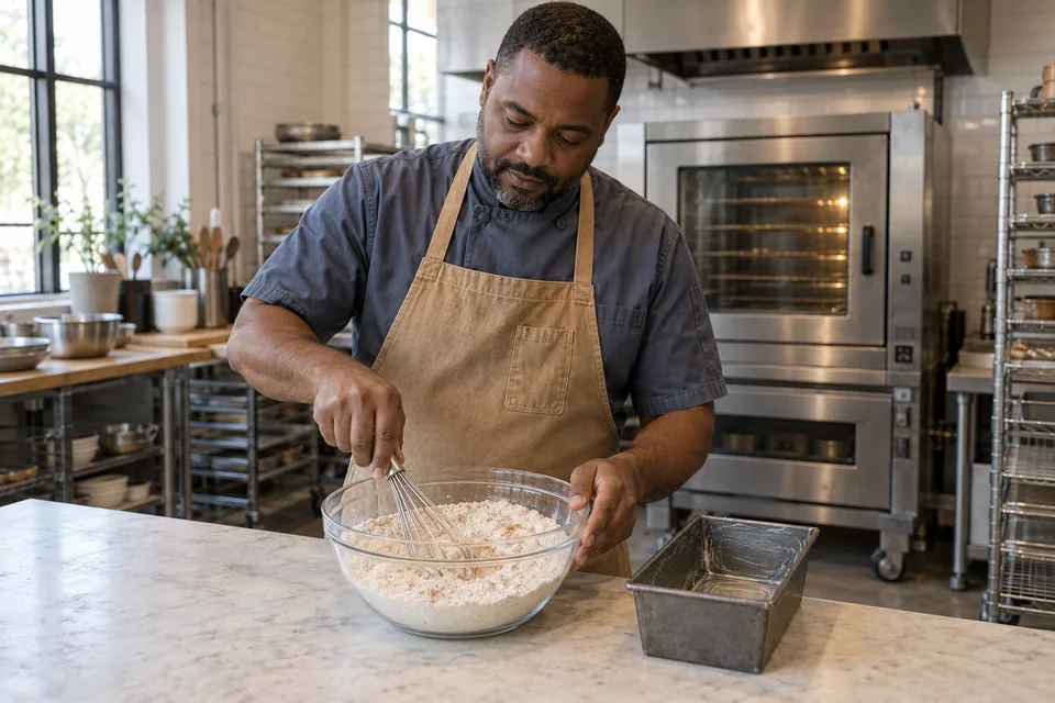 The baker whisks dry flour mixture beside a greased rectangular loaf tin.