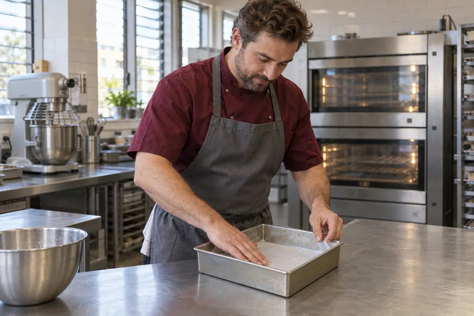 The chef presses parchment into the base of a greased square cake tin.