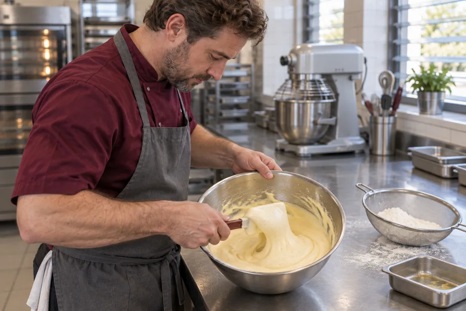 The chef folds pale sponge batter with a broad spatula in a stainless bowl.