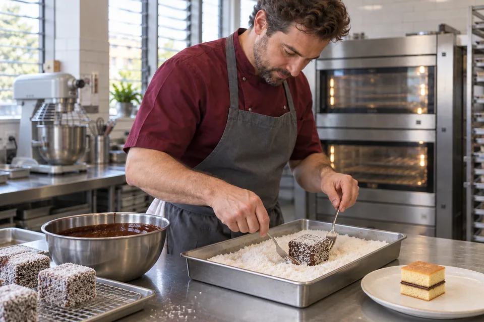Using two forks, the chef rolls a chocolate-coated cake square through shredded coconut.