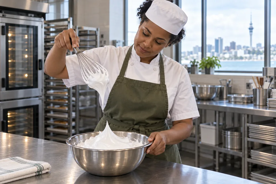 The chef raises a whisk holding a firm glossy peak above the bowl of meringue.