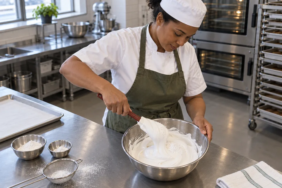 A broad spatula lifts glossy meringue over a light dusting of sifted powder.