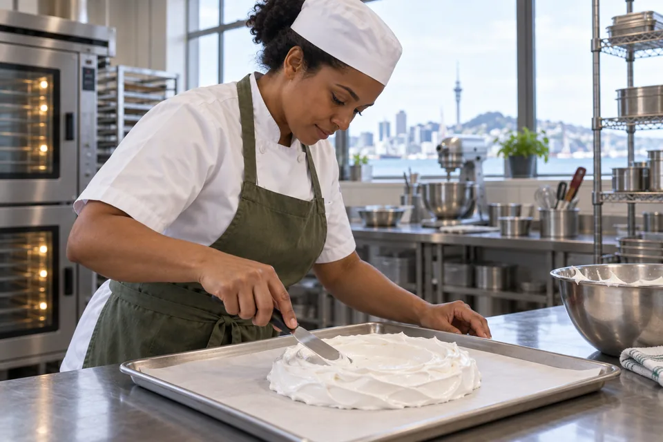 The chef shapes a white meringue nest on the parchment-lined tray.