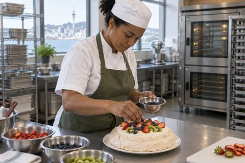 The chef adds berries to a cream-topped pavlova with strawberries, blueberries and kiwi.