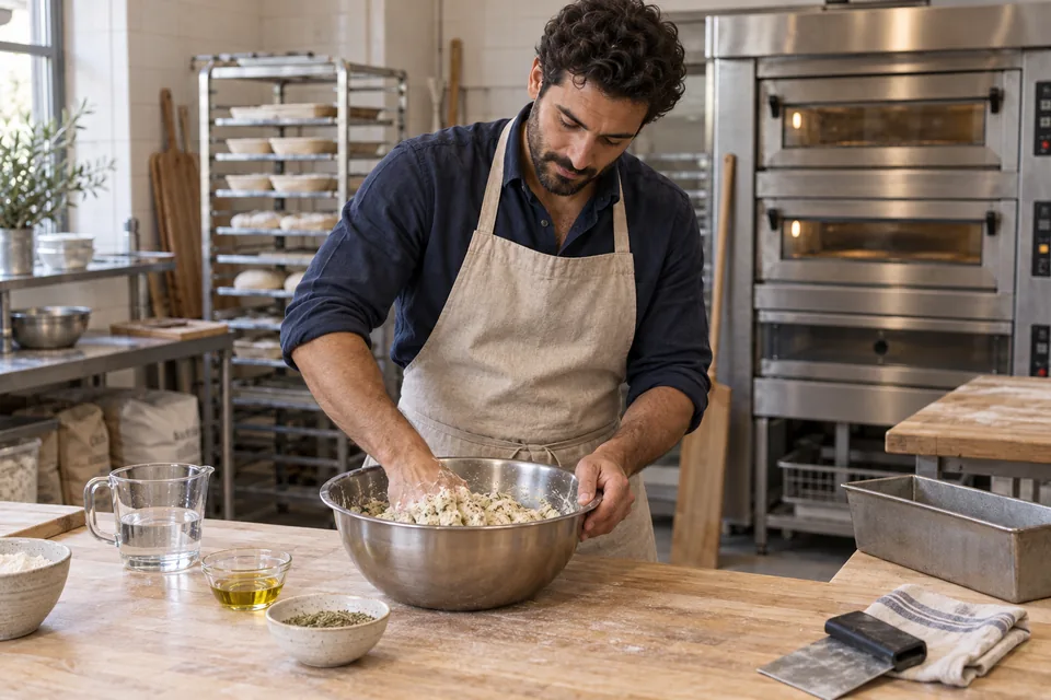 Baker mixing rough oregano-flecked dough in a stainless bowl at a professional bakery bench.