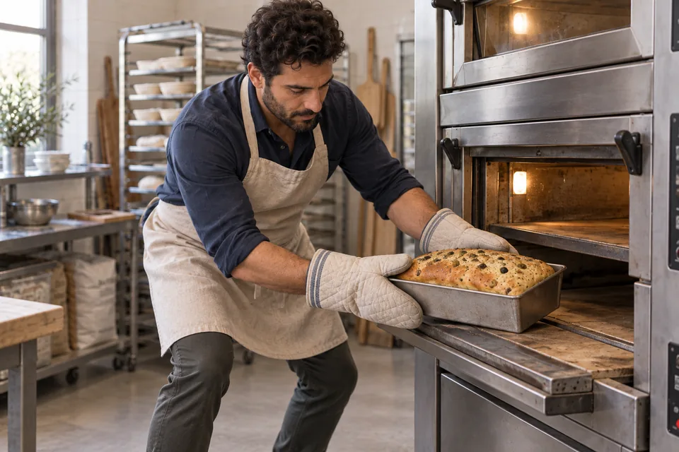 Baker using oven mitts to remove a golden olive-and-oregano tin loaf from a professional oven.