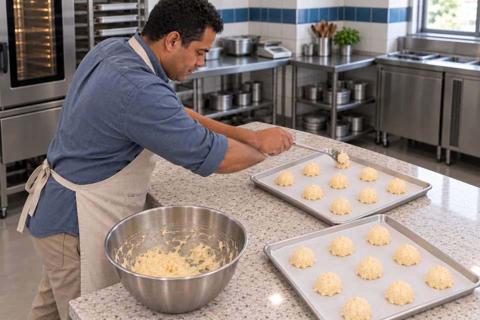 The cook reaches over the bench with a spoon to finish portioning raw cheese dough onto two lined trays.