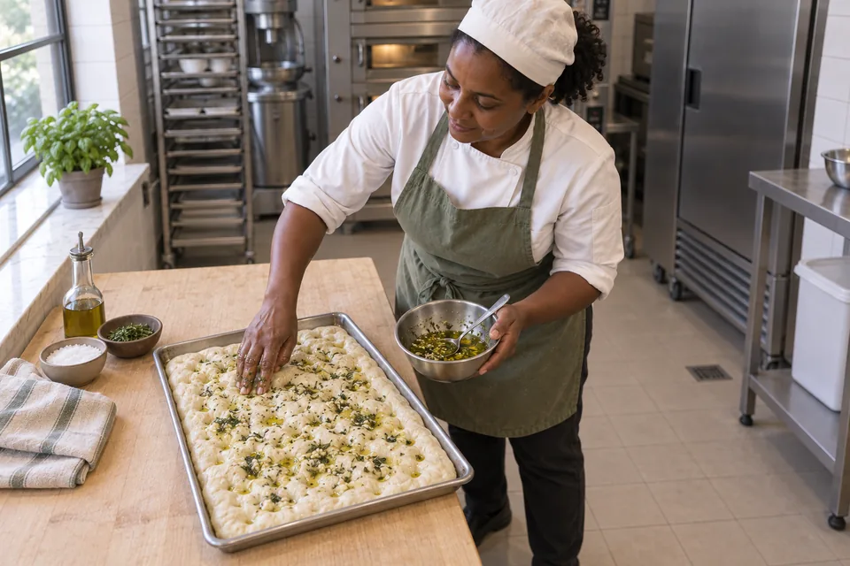 Dimpled dough topped with garlic, chopped herbs and oil.
