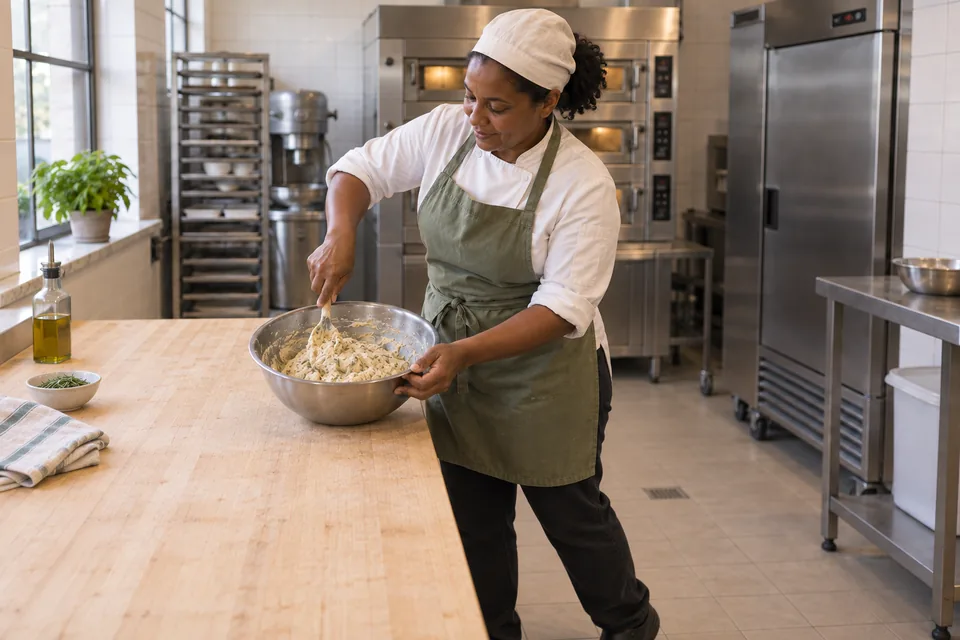 Baker stirring shaggy dough with rosemary flecks throughout.