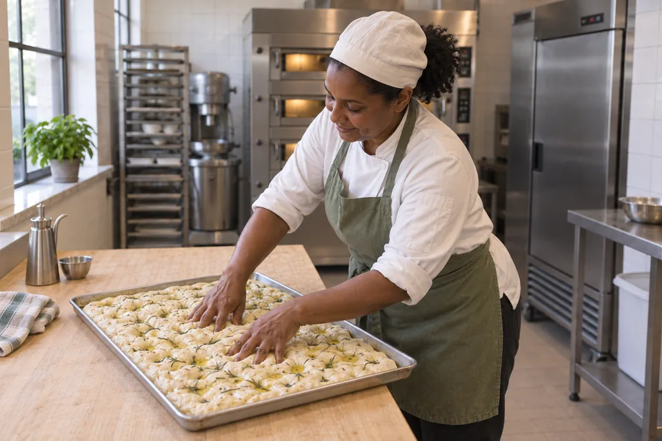 Deeply dimpled rosemary dough filling a large oiled unlined tray.