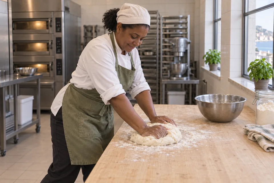 Baker kneading a soft white focaccia dough on the workbench.