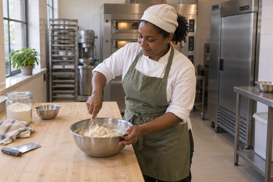 Baker stirring a moist white focaccia dough in a steel bowl.