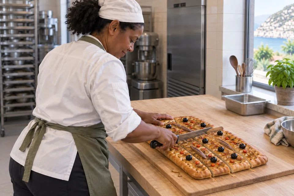 Baker slicing one onion, olive and anchovy focaccia into broad strips.