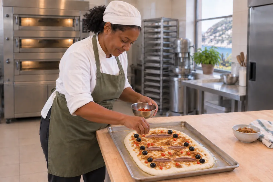 Baker adding chile to raw focaccia topped with onions, black olives and anchovies.