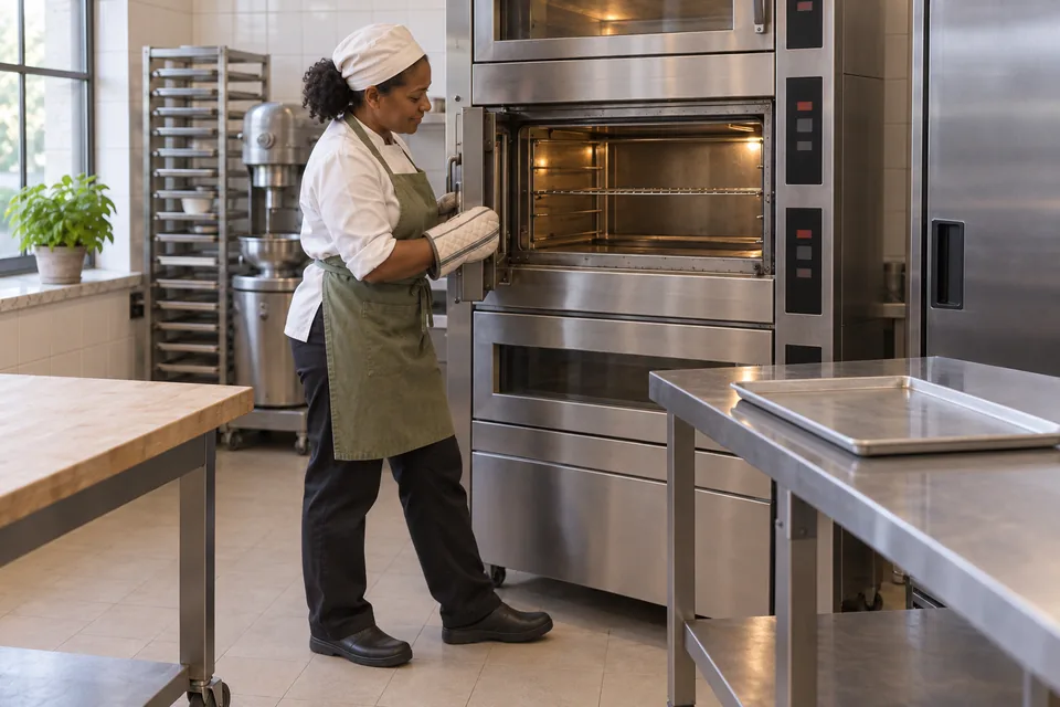 Baker checking an empty oven with an empty rimmed sheet nearby.