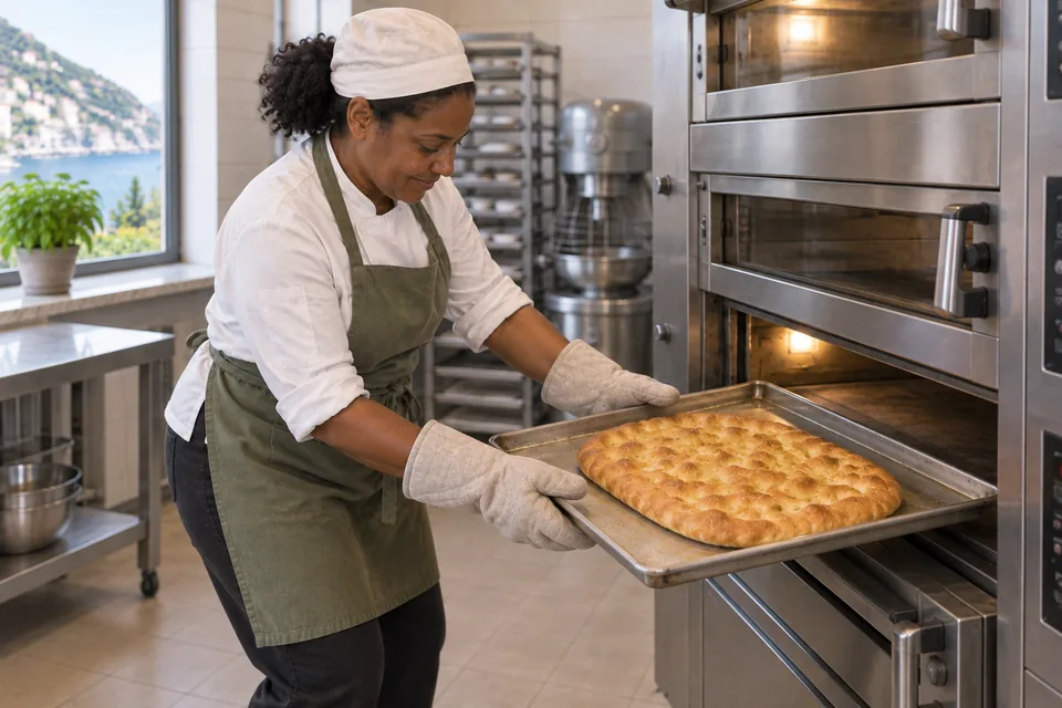 Baker removing one golden plain oblong focaccia on a silver sheet.