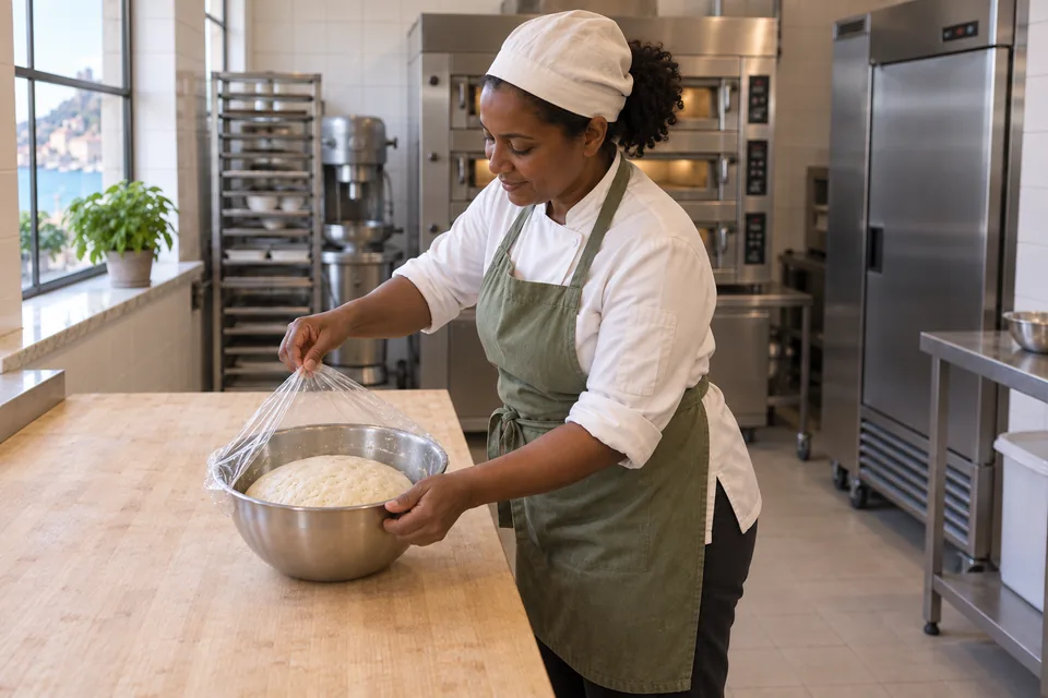 Baker uncovering one relaxed and gassy dough portion.