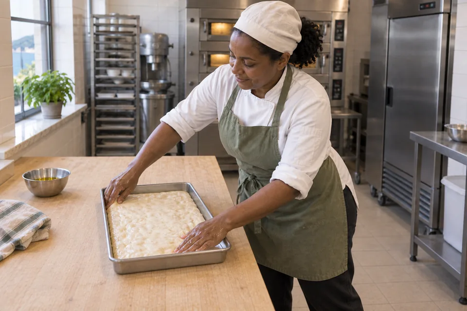 Baker spreading loose dough toward the corners of an unlined rectangular pan.