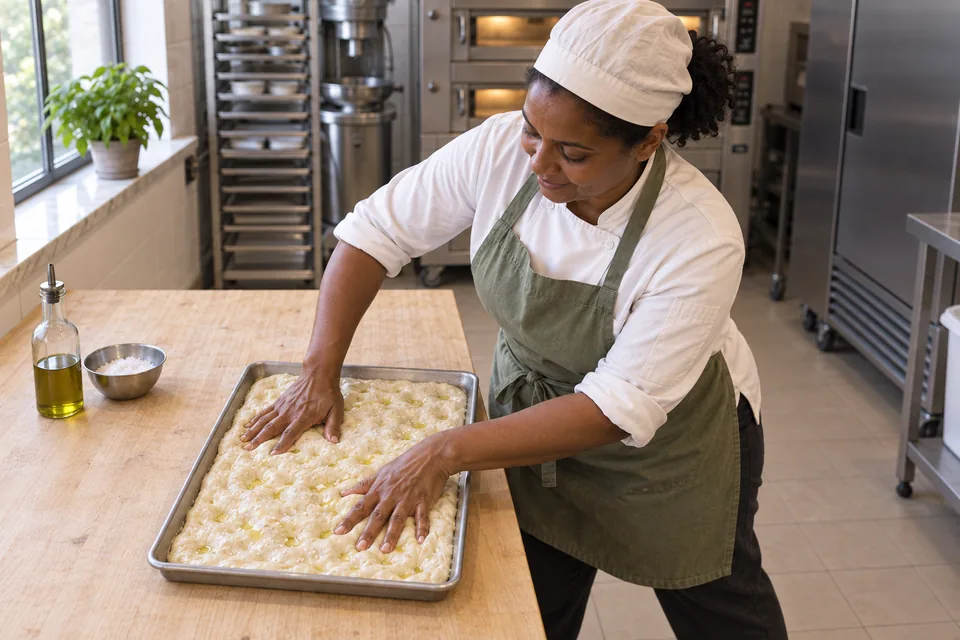 Baker dimpling plain oiled dough that fills the whole rectangular sheet.