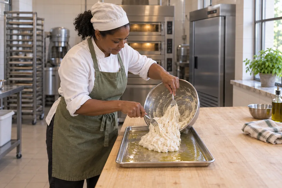 Two forks transferring one loose dough into a generously oiled unlined sheet.