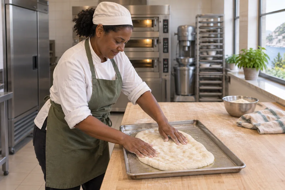 Baker shaping one oblong dough on a lightly oiled sheet.