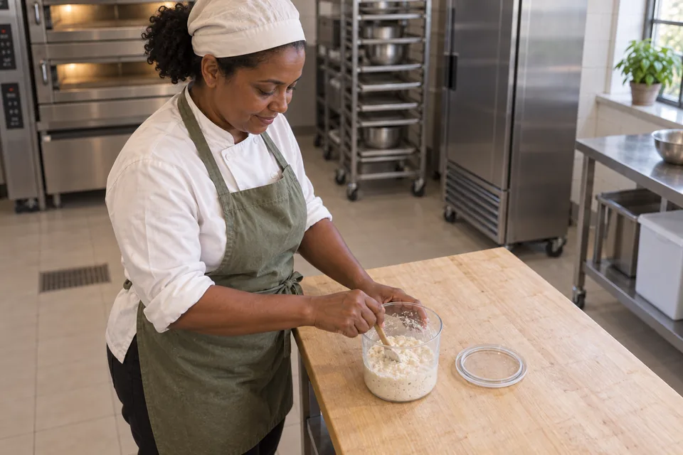 Baker stirring a small bubbly white sponge in a clear container.
