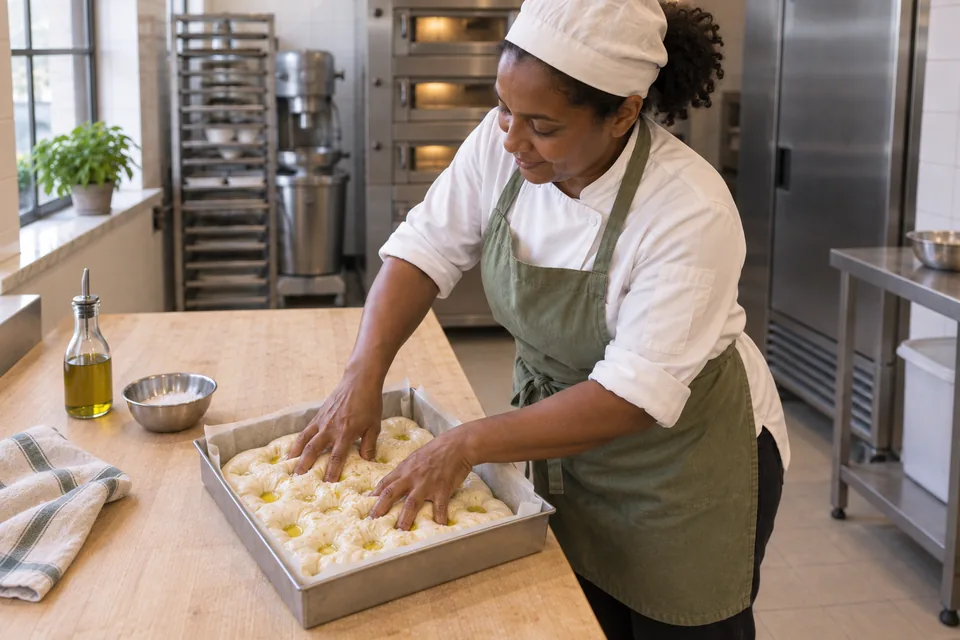 Deep fingertip dimples in plain dough in a parchment-lined square pan.