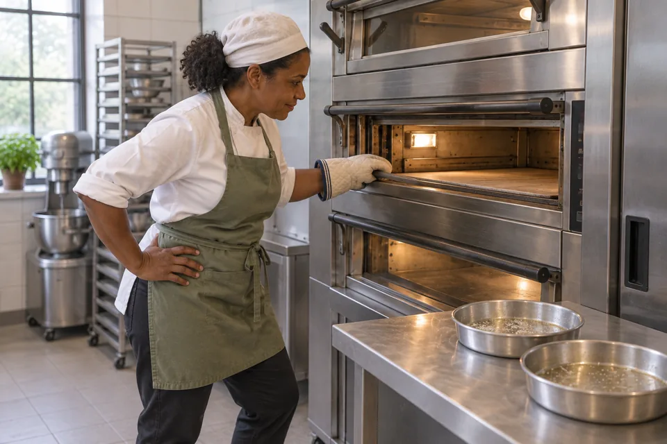 Baker checking an empty oven stone with two prepared round pans nearby.