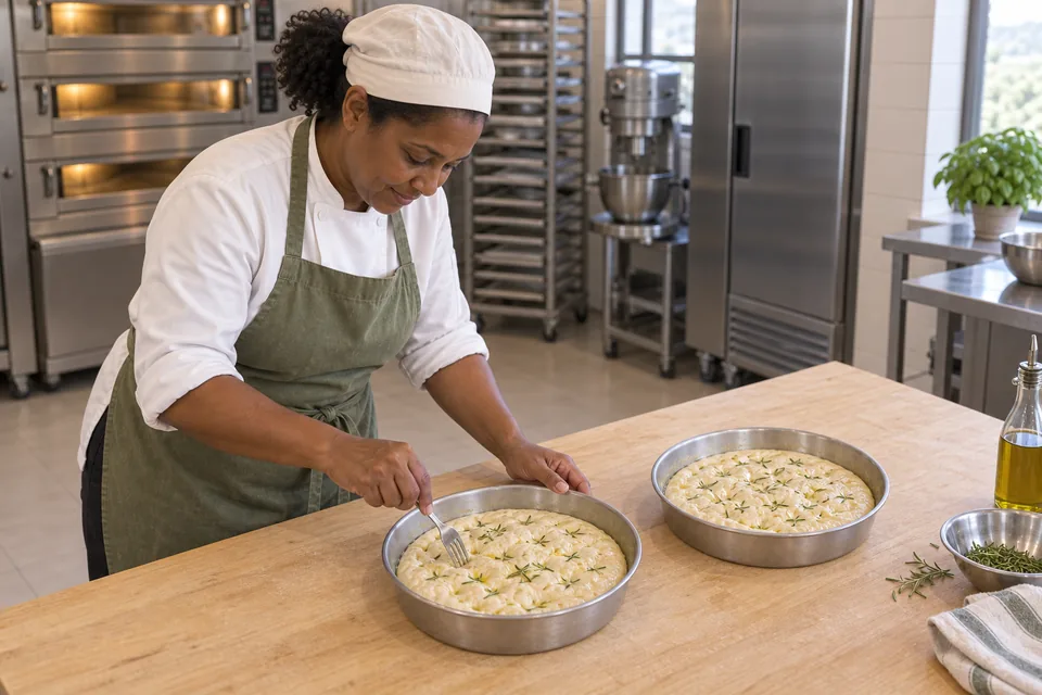 Two round raw rosemary focaccias, one being pricked with a fork.