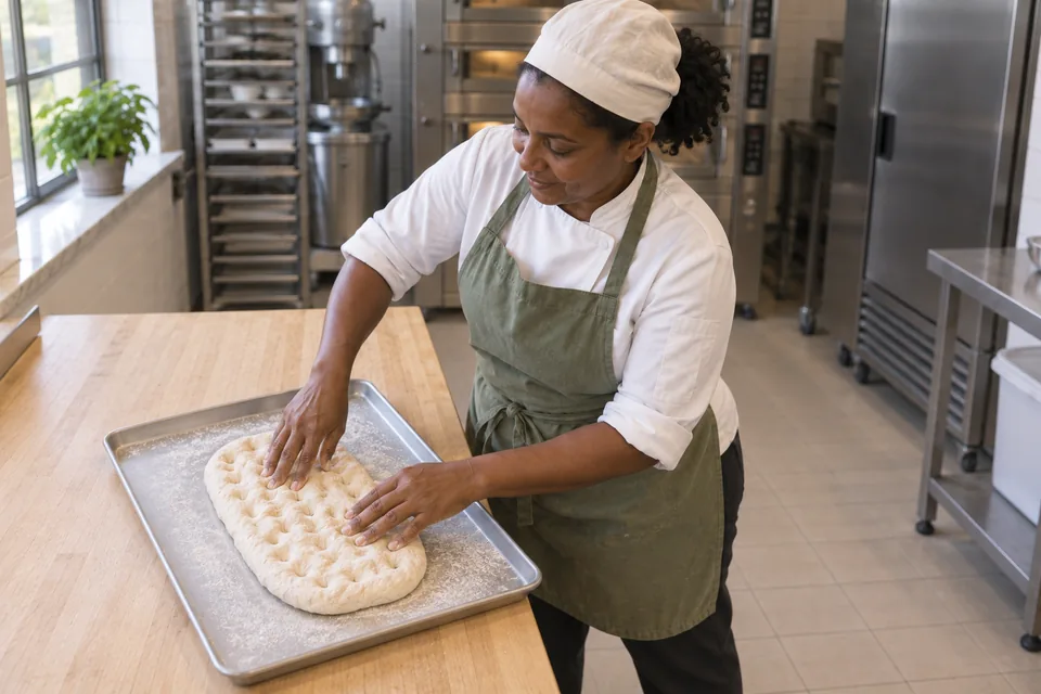 Baker dimpling an oblong raw dough on a dry flour-dusted sheet.