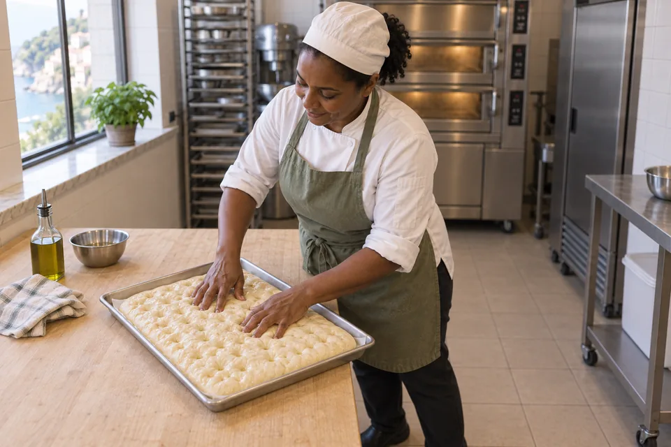 Baker dimpling dough in the parchment-lined vegetable-focaccia tray.