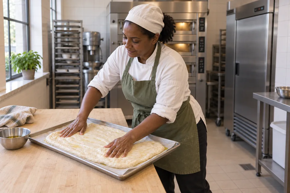 Dough spread across a parchment-lined and oiled rectangular tray.