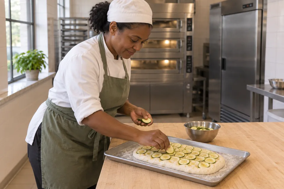 Thin overlapping zucchini rounds arranged on an oblong raw focaccia.