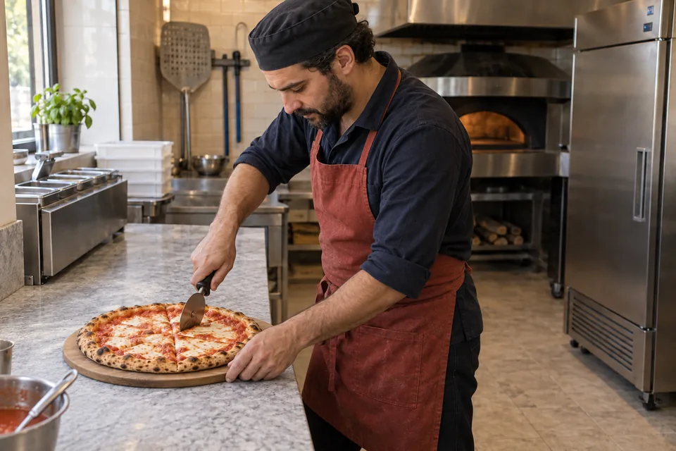 Cook cutting one tomato-and-mozzarella pizza into wedges.