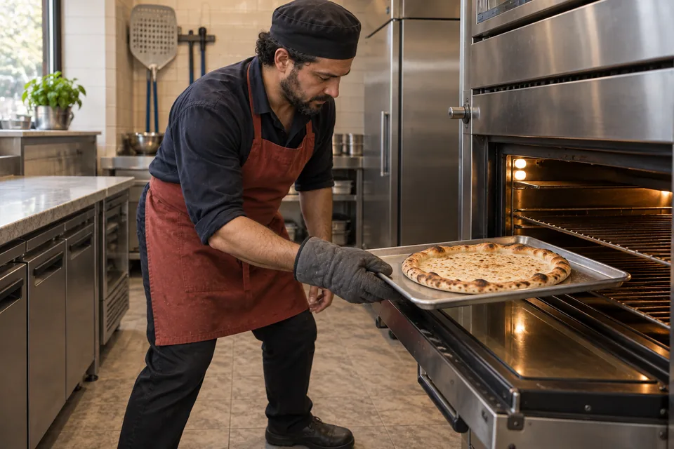 One plain golden pizza base on a rimmed sheet at the oven.