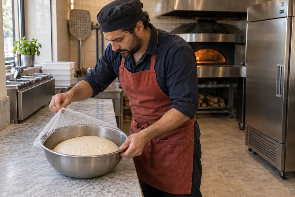 Cook lifting the cover from risen pizza dough in an oiled bowl.