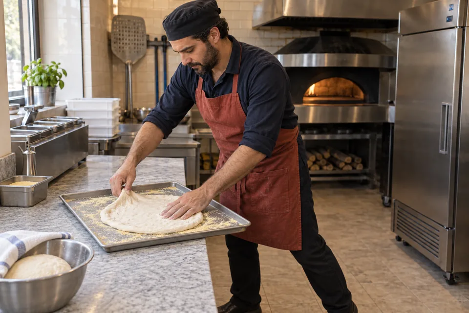 One dough base stretched on a sheet, with its second portion in a covered bowl.