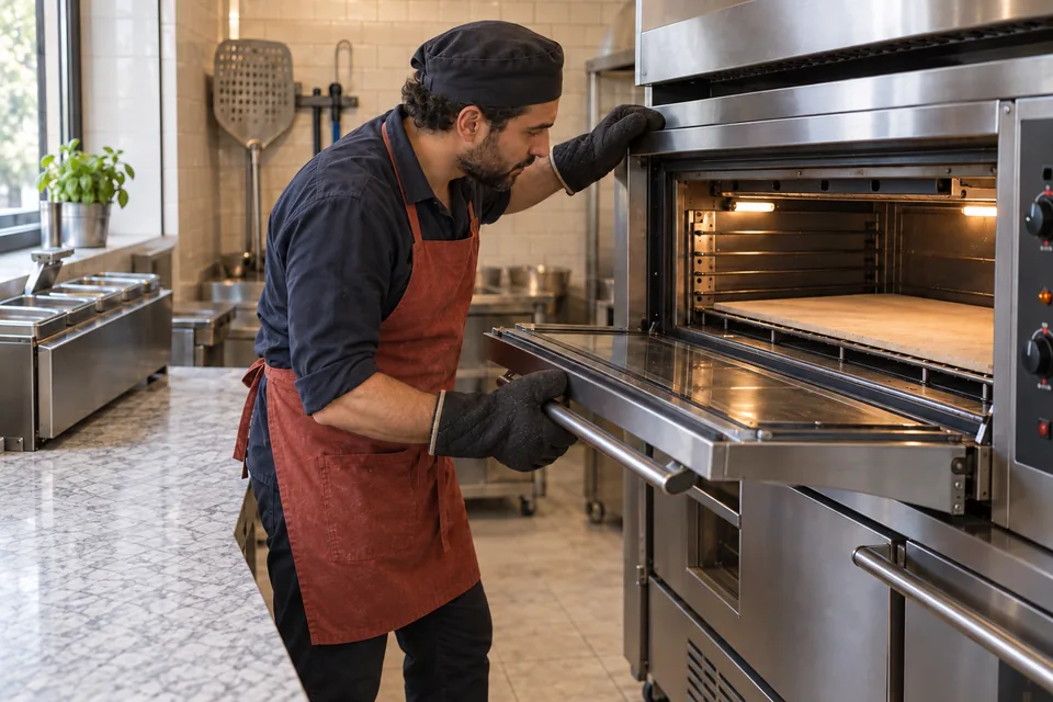 Cook checking an empty heated stone in a conventional electric oven.