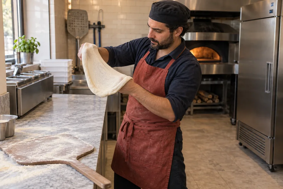 Cook stretching a thin pizza base over his closed hands.